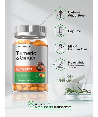 Horbaach Turmeric Ginger Gummies 120ct | Peach Flavor | Vegan Non-GMO Gluten-Free Supplement - Buy Online on GoSupps.com