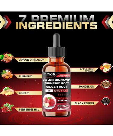 Tenmido Ceylon Cinnamon Extract Liquid Drops - 7in1 with Turmeric Berberine HCl Ginger Apple Cider Vinegar Dandelion and Black Pepper - Vegan Non-GMO - 30ml 1 Fl Oz - Buy Online on GoSupps.com