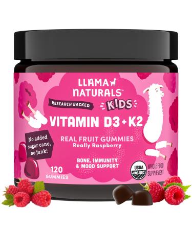 Llama Naturals Vitamin D3 K2 Gummies for Kids Vegan Organic Children Toddler Vitamin D Gummies Real Fruit Gummy Vitamins No Added Sugar Cane Raspberry 120 Ct