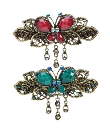 Create idea 2 pieces butterfly hair clips vintage hair clip rhinestone hair accessories retro hair clip for women girls green and purple
