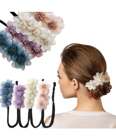 4PCS Hair Bun Maker Fairy Flower Hair Styling Deft Bun Elegant Easy Bun Maker Lazy Hair Curler Hair Accessories for Women Girls (4 PCS flower styles)