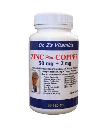 Dr. Z's Vitamins: Zinc Plus Copper - 50 MG of Chelated Zinc and 2 MG of Copper - Supports: Energy Immune System Skin & Hair Glucose Metabolism Eye and Brain - 60 Easy to Swallow Tablets