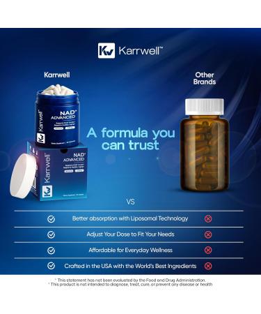 Karrwell NAD+ Advanced 500MG Liposomal NAD+ with Resveratrol - NAD Supplement for Men & Women - NMN Alternative for Cellular Energy & Healthy Aging - 60 Capsules 30 Day Supply - Buy Online on GoSupps.com
