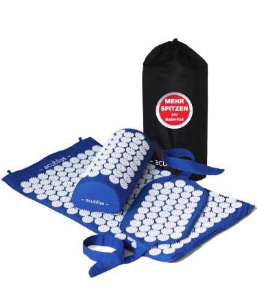 AcuBliss acupressure mat and pillow - acupressure set with belt - against neck and back pain - acupressure mat with pillow and belt for more energy and relaxation - with bag - blue
