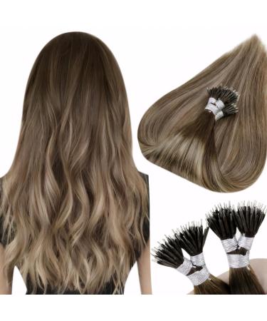 Ombre Nano Tips Hair Extensions 20 Inch Balayage Nano Ring Hair Extensions Real Human Hair Nano Human Hair Extensions Dark Brown to Blonde Natural Straight 50s/50g