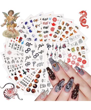 Kalolary Nail Art Stickers Decals 24 Sheets Dragon Snake New Year Red Black Design Water Slider Chinese Manicure Angle Chinese Character Nail Art Decor Halloween Nail Decoration