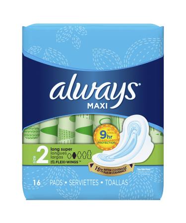 Always Maxi Size 2 Super Pads With Wings Unscented 16 Count