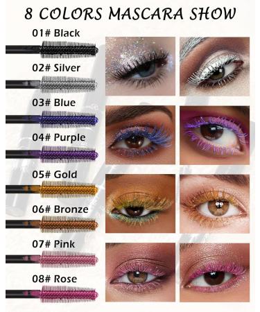 Pink Rose Glitter Metallic Mascara for Eyelashes-2PCS Colored Tubing Mascara Volume and Length Longlasting Waterproof Smudge-Proof Curling Mascara for Women Cosplay Party Stage Use Eye Makeup 07 Pink +08 Rose - Buy Online on GoSupps.com