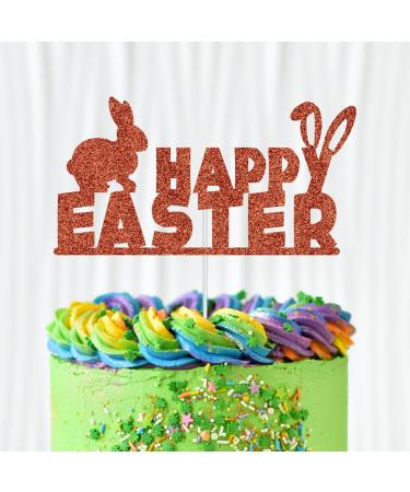 WedDecor Happy Easter Orange Glitter Cake Topper Rabbit Bunny Ears Easter Egg Cupcake Picks Happy Spring Easter Themed Cake Pick For Kids Birthday Baby Shower Party Favour Decoration Supplies Happy Easter - Rabbit Orange