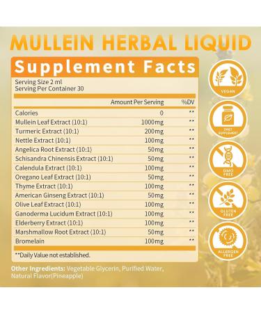 Mullein Drops for Lungs - 13 in 1 Vegan Tincture with Calendula & Elderberry | Herbal Respiratory & Immune Support | 2 FL OZ Pineapple Flavor - Buy Online on GoSupps.com