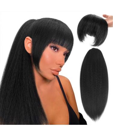 UAmy hair Long Yaki Straight Drawstring Ponytail with Bangs for Black Women Synthetic Thick Kinky Straight Bangs Ponytail Hairpieces 20 inch Clip in Ponytail Extension for Girl Daily Use Ponytail with bangs 1B