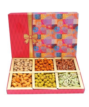 Ghasitaram Gifts Diwali Gifts Fruit n Nut 6 Parti Box of Crunchy Cashews Crunchy Peanuts and Flavoured Raisins 300 GMS
