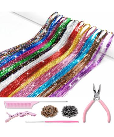 Hair Tinsel Kit with Tools and Instruction Easy to Use 12 Colors 2400 Strands 48 Inches Tinsel Hair Extensions for Women and Girls  Glitter Sparkling Shinny Fairy Hair Accessories for Christmas New Year Halloween Cosplay...
