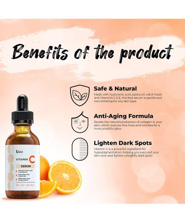 KIZZ Vitamin C Serum with Hyaluronic Acid, Vitamin E, Aloe & Jojoba Oil - Brightens and Moisturizes Skin, Reduces Fine Lines and Wrinkles - 2 fl. Oz - Buy Online on GoSupps.com