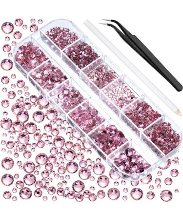 2000 Pieces Flat Back Gems Rhinestones 6 Sizes (1.5-6 Mm) Round Crystal Rhinestones with Pick up Tweezer and Rhinestones Picking Pen for Crafts Nail Clothes Shoes Bags DIY Art (Pink)