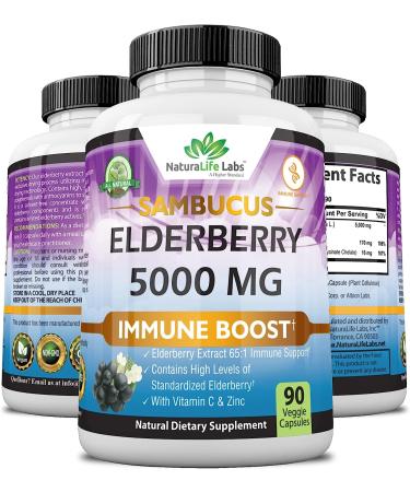 Sambucus Elderberry 5000mg Super Concentrated with Vitamin C & Zinc - Immune Support Supplement | 90 Veggie Capsules - Buy Online on GoSupps.com