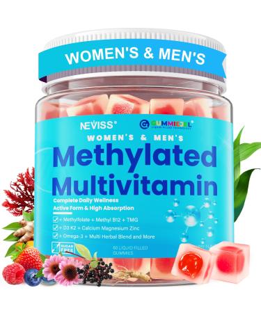 Methylated Multivitamin for Women & Men Gummies w/ Omega-3, Calcium, D3 K2, Methylfolate & B12, TMG, Daily Vitamin A, C, E, B Complex, Magnesium, CoQ10, Probiotic for Overall Health- Vegan, Sugar Free 60 Count (Pack of 1)