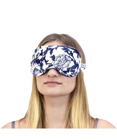 Jasmine Silk 100% Pure Silk Filled Eye Mask/Sleeping Mask Sleep Mask with Ajustable Comfortable Strap (Blue and White Porcelain)