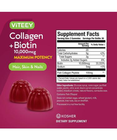Collagen & Biotin 10,000mcg Gummies for Hair, Skin & Nails Support - 60 Count, Raspberry Flavored - Gluten Free & Non GMO - Dietary Vitamin Supplements for Adults, Teens & Kids - Buy Online on GoSupps.com