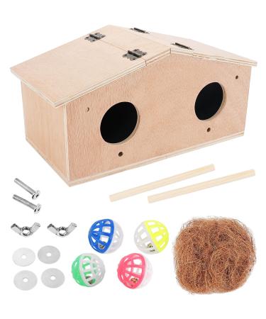 PETNANNY Parakeet Nesting Box, Wooden Bird House Pet Bird Nest Kits Breeding Box Cage Birdhouse Accessories with Bamboo Bird's Nest, A Bag of Coconut Shreds, Bell Toys for Parrots Swallows Birds Large