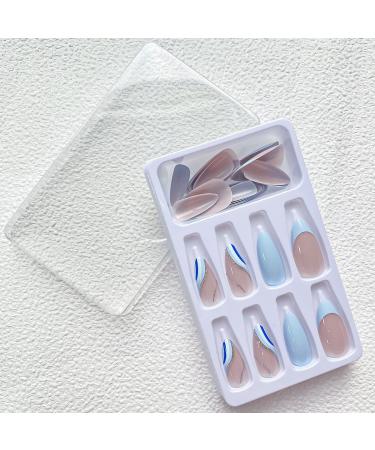 24Pcs Almond Press on Nails Medium French Tip Blue Silver Sequin Design - Glossy Acrylic Stick on False Nails for Women and Girls - Buy Online on GoSupps.com