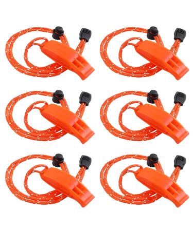 JULBEAR 6PCS Safety Survival Whistles with Adjustable Reflective Lanyard Emergency Plastic Whistle Marine Whistle orange