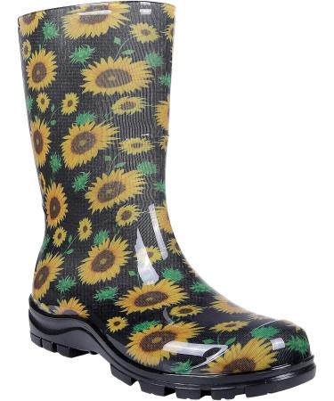Asgard Women's Mid Calf Rain Boots - Sunflowers Black | Waterproof Rubber Garden Shoes - Buy Online on GoSupps.com