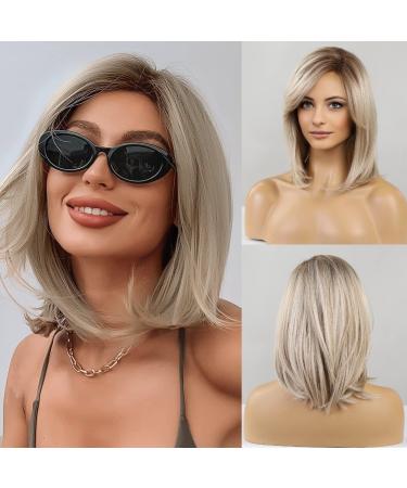HAIRCUBE Blonde Wigs for Women Shoulder Length Layered Synthetic Hair Wig with Dark Roots