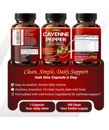 GriMed Ultra Cayenne Pepper 20 200mg X15 Power with Ginger Cinnamon Turmeric Berberine Citrus Bergamot for Digestion Support Immune System Overall Well-Being (150 Count (Pack of 1)) - Buy Online on GoSupps.com