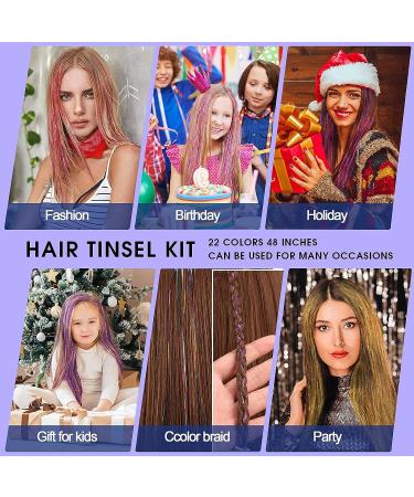 Multicolor Hair Tinsel Kit - 47 Inches Synthetic Extensions for Women & Girls - Heat Resistant Sparkling Fairy Tinsel for Halloween, Cosplay, Christmas - 22 Color Options - Buy Online on GoSupps.com