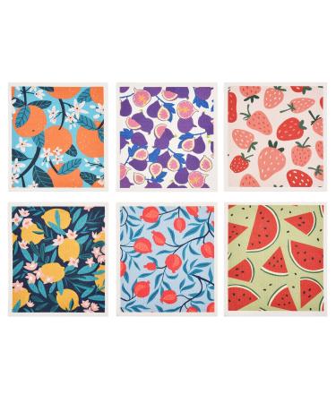 Set of 6 Kitchen Scandi Watermelon Lemon Strawberry Orange Fig Pomegranate Swedish Dishcloths Cleaning Cloths Strong Absorbent Quick Drying Dish Towels Reusable Cloths for Counter Wipes Art Deco