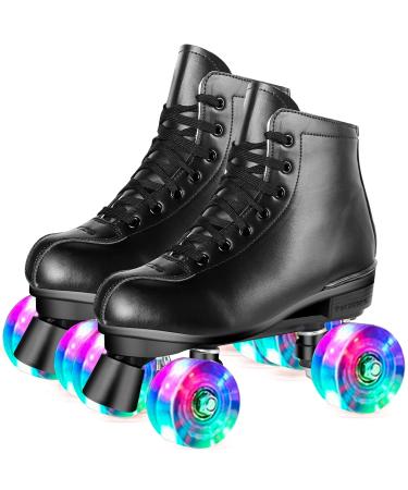 Perzcare Roller Skate Shoes for Women&Men Classic PU Leather High-top Double-Row Roller Skates for Beginner, Professional Indoor Outdoor Four-Wheel Shiny Roller Skates for Girls Unisex 41 Black