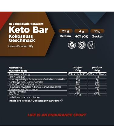 Daily Endurance Keto Bar - Best Low Carb Vegan Snack | 3g Net Carbs | Paleo & Keto Chocolate Riegel | 12 Coconut Bars | Healthy On-the-Go Treat - Buy Online on GoSupps.com