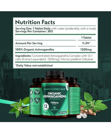 Organic Ashwagandha 1200mg 5% Withanolides Extract - 365 Tablets | Highest Concentration | Vegan | UK Supplier - Buy Online on GoSupps.com