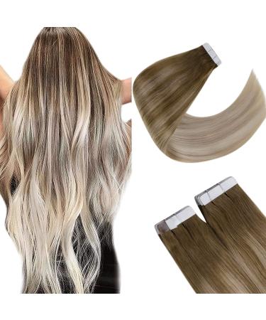 LAAVOO Tape in Hair Extensions Human Hair Balayage Light Brown to Ash Blonde with Platinum Blond Ombre 24 Inch Hair Extensins Tape in Remy Human Hair Skin Weft 20pcs 50g 24 Inch #8/18/60