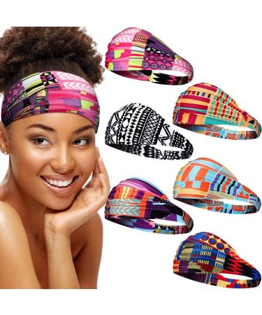 SATINIOR 6 Pieces African Headband Boho Print Headband Yoga Sports Workout Hairband Elastic Twisted Knot Turban Headwrap for Women Girls Hair Accessories (Bohemia Prints)