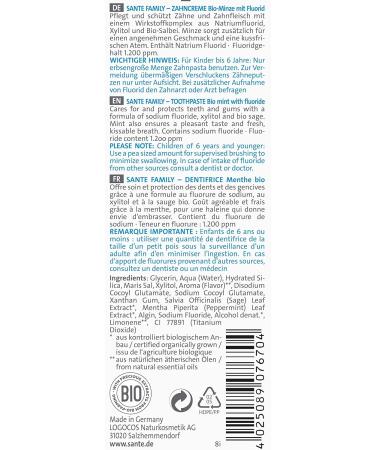 Sante Natural Cosmetics Organic Mint Toothpaste with Fluoride - 75ml | Eco-Friendly Dental Care - Buy Online on GoSupps.com
