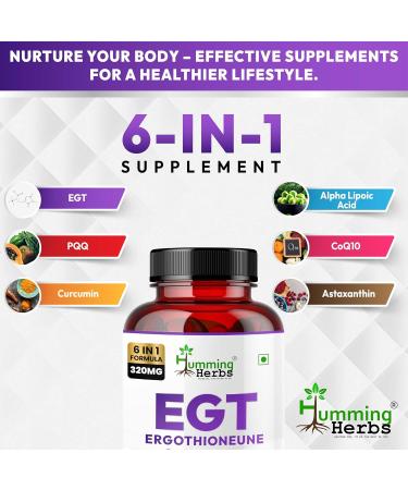 Humming Herbs EGT Supplement 6in1 Complex of 10 mg Ergothioneine 100 mg ALA 100 mg CoQ10 6 mg PQQ Curcumin (95% Curcuminoids) 4 mg Astaxanthin Longevity Essential 320mg 60 Veg Caps - Buy Online on GoSupps.com