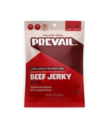 PREVAIL - Grass Fed Beef Jerky Snack Packs | Bulk Beef Jerky | Low Sodium, Keto friendly, Paleo Certified | Soy & Gluten-Free | Spicy Beef 12g Protein Per Serving | Pack of 3 Spicy Beef Jerky 3 Pack (2.25oz each bag)