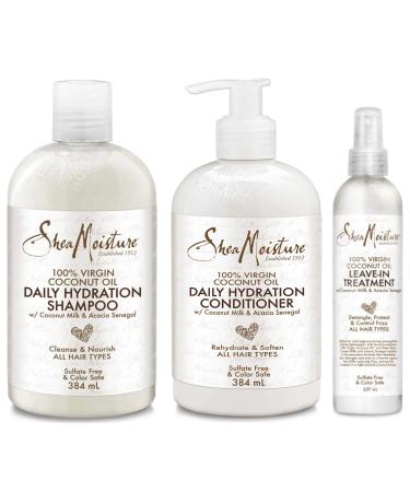 100% Virgin Coconut Oil TRIO BUNDLE | Daily Moisture Conditioner 13 Oz, Daily Moisture Shampoo 13 Oz & Leave-In Treatment 8 Oz by Shea Moisture