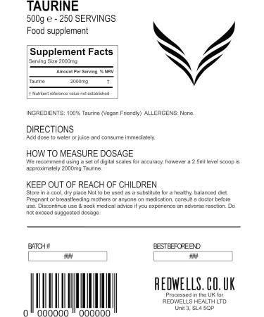 Taurine Powder REDWELLS No Additives Amino Acid GMO Free Vegan - 500g Pack - Buy Online on GoSupps.com