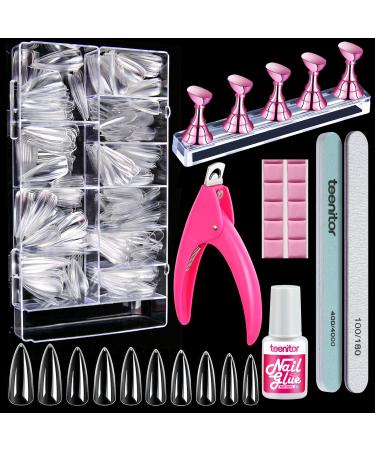 Clear Stiletto Nail Tips Full Cover  Teenitor Long Stiletto Nails Tips For Acrylic Nails  600pcs Almond Stiletto Shape Fake Nails Tips With Glue  Acrylic Nail Clipper  Nail Stand for Press On Nails Clear Glue On Nails