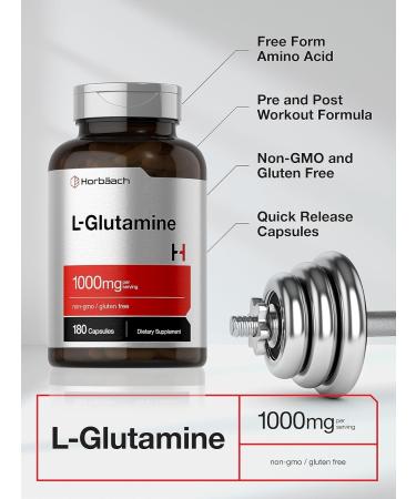 Horbaach L Glutamine Capsules 1000mg | 180 Powder Pills | Supplement for Women and Men | Pre Workout & Post Workout | Non-GMO & Gluten Free - Buy Online on GoSupps.com