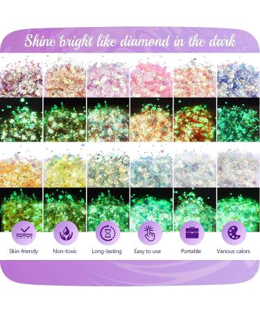 Eleanore's Diary Glow in The Dark Glitter Gel - 12 Colors for Concerts, Music Festivals, Raves - Sparkling Mermaid Body, Eye, Lip, Hair Glitter - UV Holographic Face Gel for Women - Buy Online on GoSupps.com