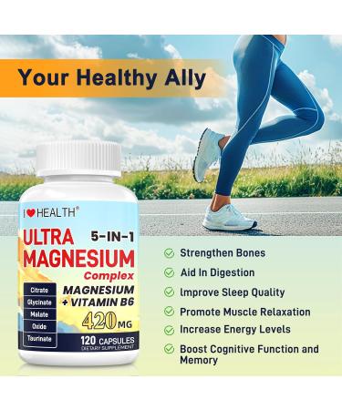 Magnesium Supplement - 5 in 1 Complex 420mg + Vitamin B6 30mg Glycinate Citrate Malate Taurate Oxide - Made in USA - Support Heart Bone Sleep & Muscle Health - 120 Capsules 2 Month Supply - Buy Online on GoSupps.com
