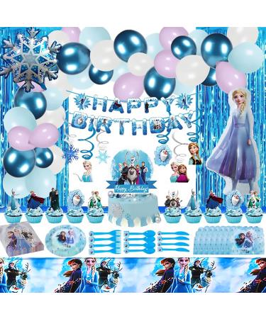 Frozen Birthday Party Supplies-143 PCS, Birthday Packs Include Happy Birthday Banner, Cake & Cupcake Topper, Balloon, Tablecloth, Plastic Swirl, Frozen Birthday Party For Kids