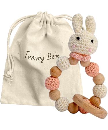 Wooden Crochet Teether Bunny Ring Rattle Handmade Gift for Baby Girl & Boy