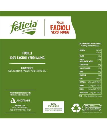  Felicia Felicia Mung Green Bean Fusilli organic pasta rich in protein fiber and minerals high in phosphorus iron and zinc 250g pack - Buy Online on GoSupps.com
