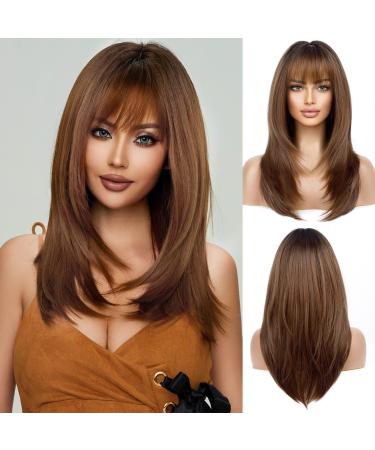 BLONDE UNICORN Brown Wigs with Bangs Wigs for Women Long Layered Wigs with Bangs Straight Women Wigs Synthetic Fiber Wig (Ombre Brown)  auburn brown