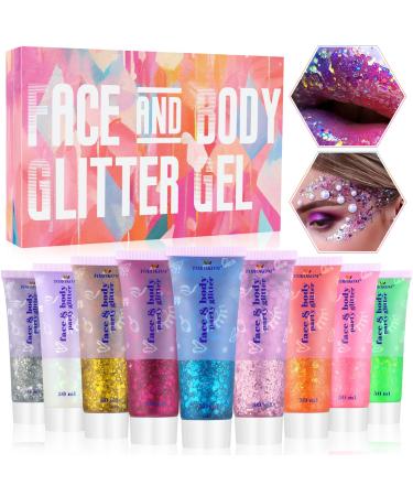 EBANKU 9Pcs Body Glitter Gel 50ml Mermaid Sequins Chunky Glitter Liquid Gel kit Chunky Powder Gel for Face Body Eye Hair Nail DIY Art Festival Party Makeup Decoration